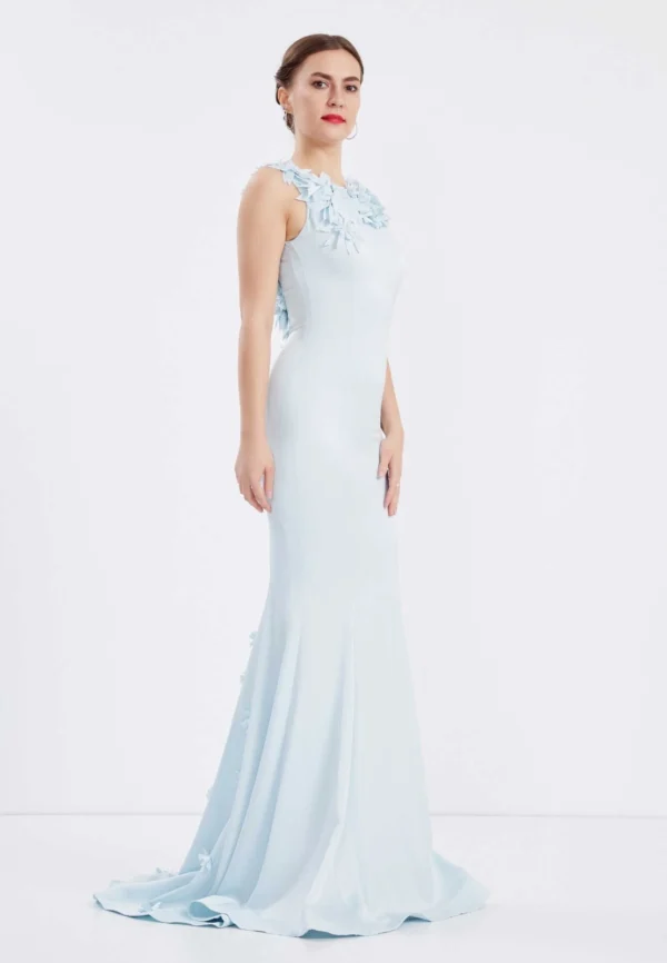 Aaliyah – Elegant Sky Blue Backless Evening Gown with Floral