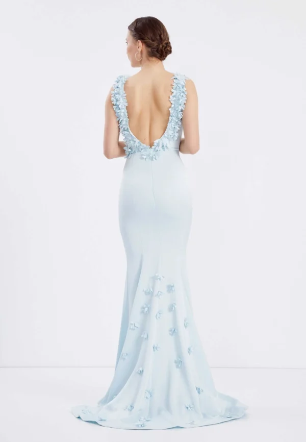 Aaliyah – Elegant Sky Blue Backless Evening Gown with Floral Appliqué - Back