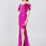 Amari Bold Feathered Lace Evening Gown with Thigh-High Slit