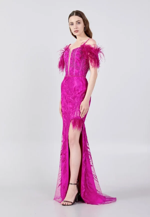 Amari Bold Feathered Lace Evening Gown with Thigh-High Slit