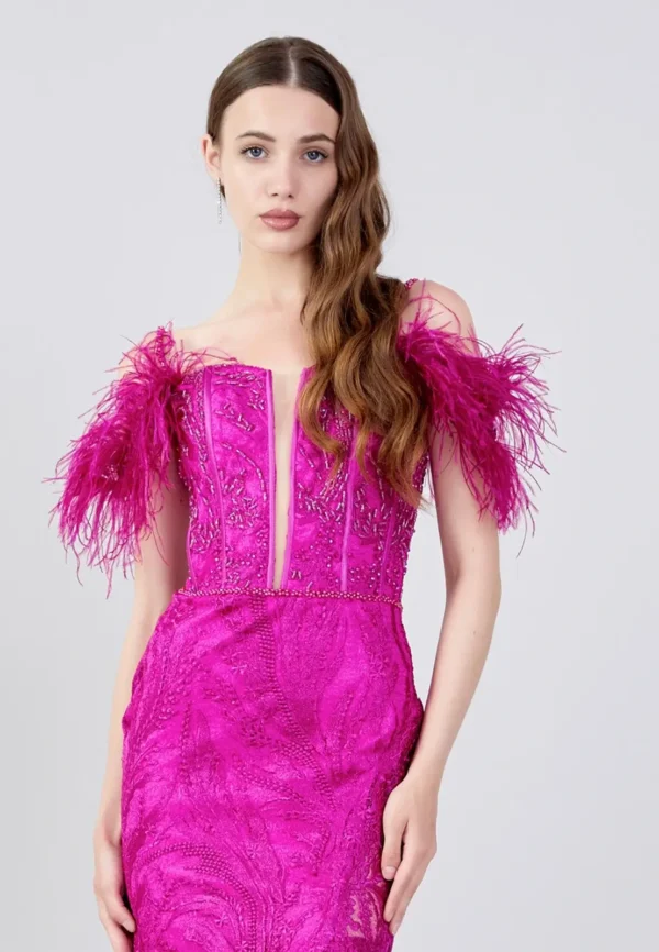 Amari – Bold Feathered Lace Evening Gown