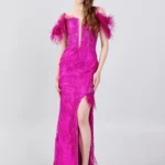 Amari – Bold Feathered Lace Evening Gown with Thigh-High Slit