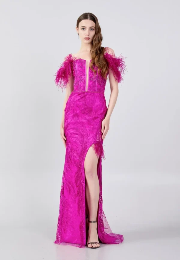 Amari – Bold Feathered Lace Evening Gown with Thigh-High Slit