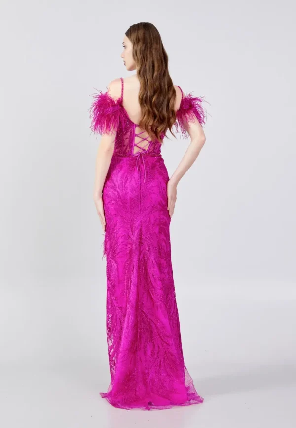 Amari – Bold Feathered Lace Evening Gown with Thigh-High Slit _ Back Look