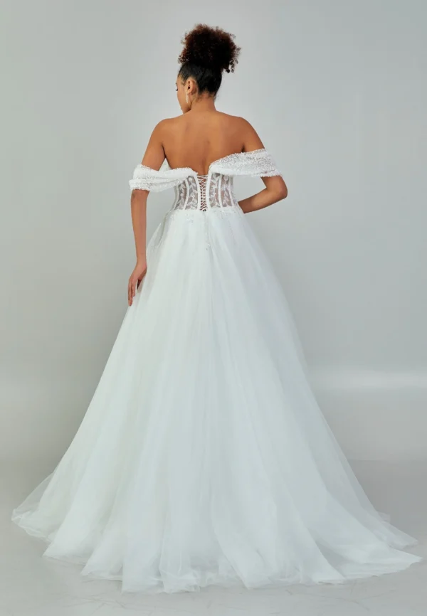 Amaya Ethereal Off-Shoulder Tulle Wedding Dress with Beaded Sleeves