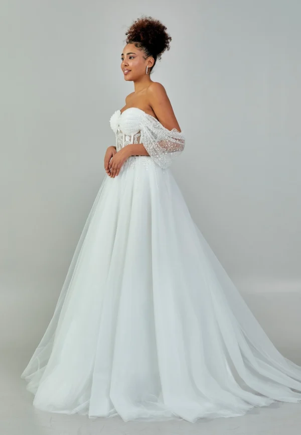 Amaya – Ethereal Off-Shoulder Tulle Wedding Dress with Beaded Sleeves