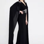 Amber Black Elegant Cape-Sleeve Gown with Embellished Waist