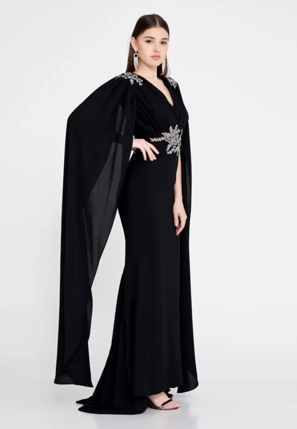 Amber Black Elegant Cape-Sleeve Gown with Embellished Waist