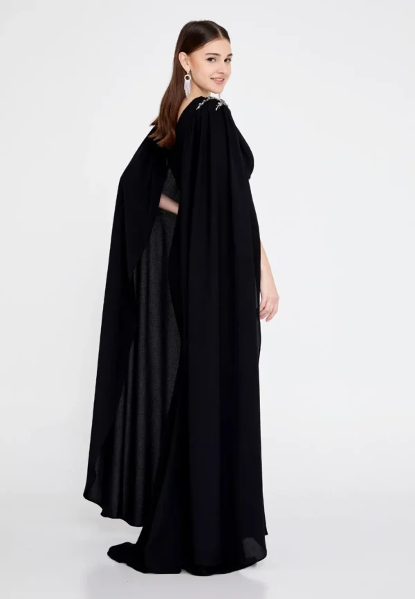 Amber Black Side Look– Elegant Cape-Sleeve Gown with Embellished Waist