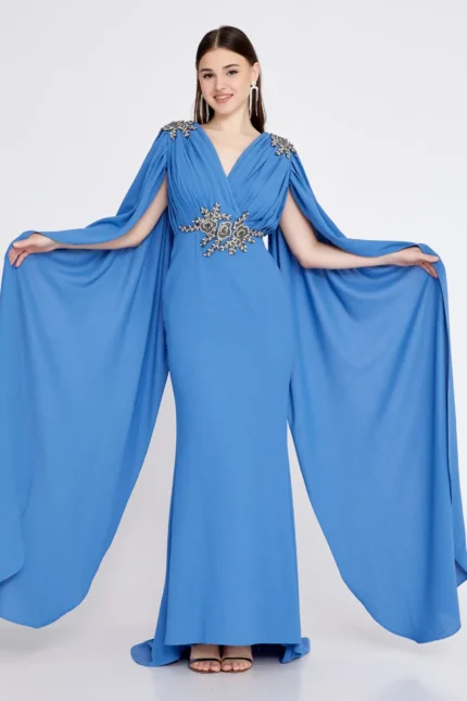 Amber Blue Elegant Cape-Sleeve Gown with Embellished Waist