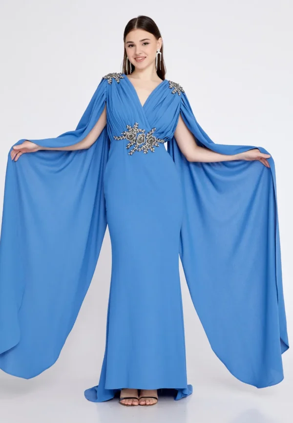 Amber Blue Elegant Cape-Sleeve Gown with Embellished Waist