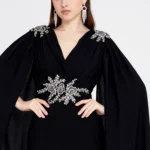 Amber Elegant Cape-Sleeve Gown with Embellished Waist