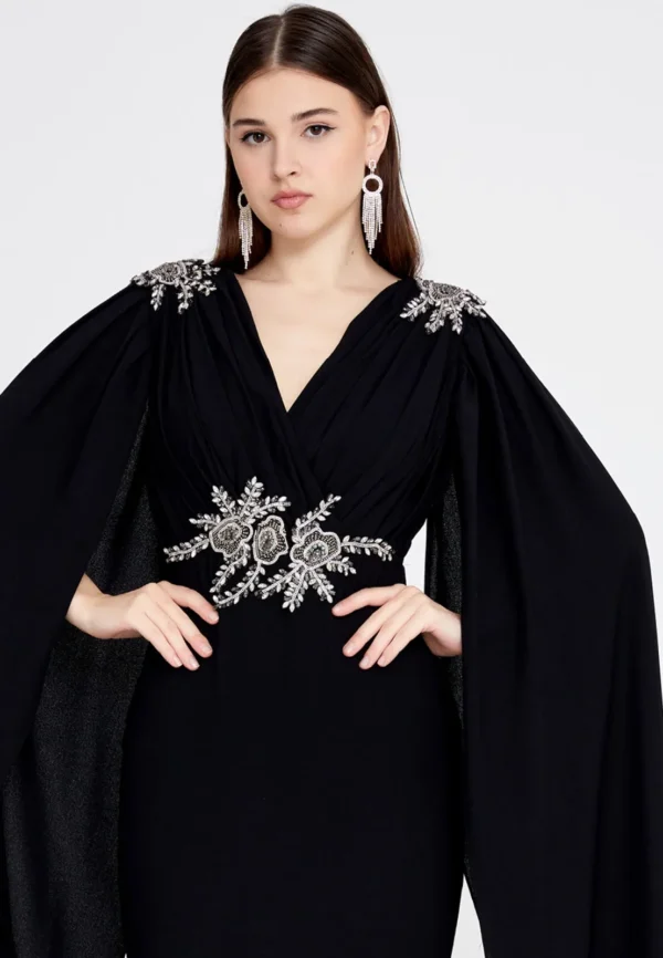 Amber Elegant Cape-Sleeve Gown with Embellished Waist