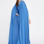 Amber blue – Elegant Cape-Sleeve Gown with Embellished Waist Black Look