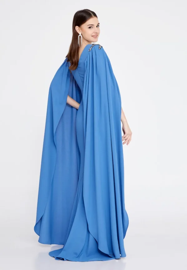 Amber blue – Elegant Cape-Sleeve Gown with Embellished Waist Black Look