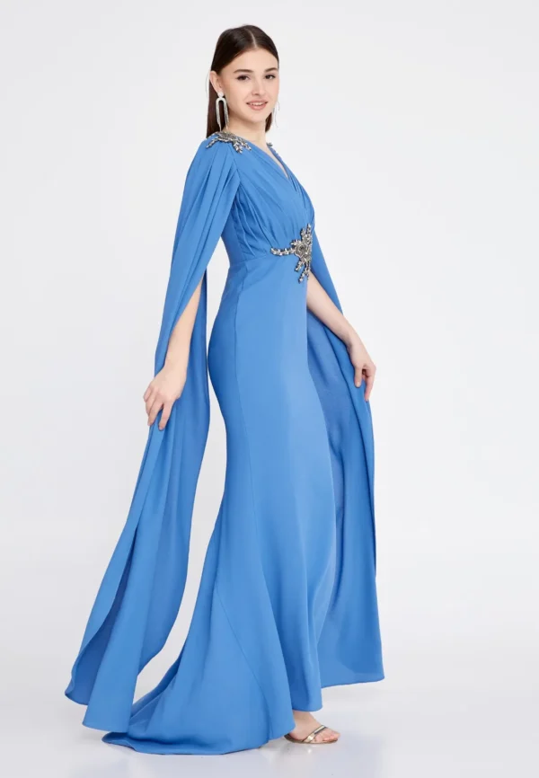 Amber – Elegant Cape-Sleeve Gown with Embellished Waist Side Look