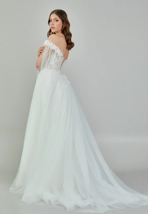 Artemis Off-Shoulder Floral Lace Wedding Gown with Tulle Cape