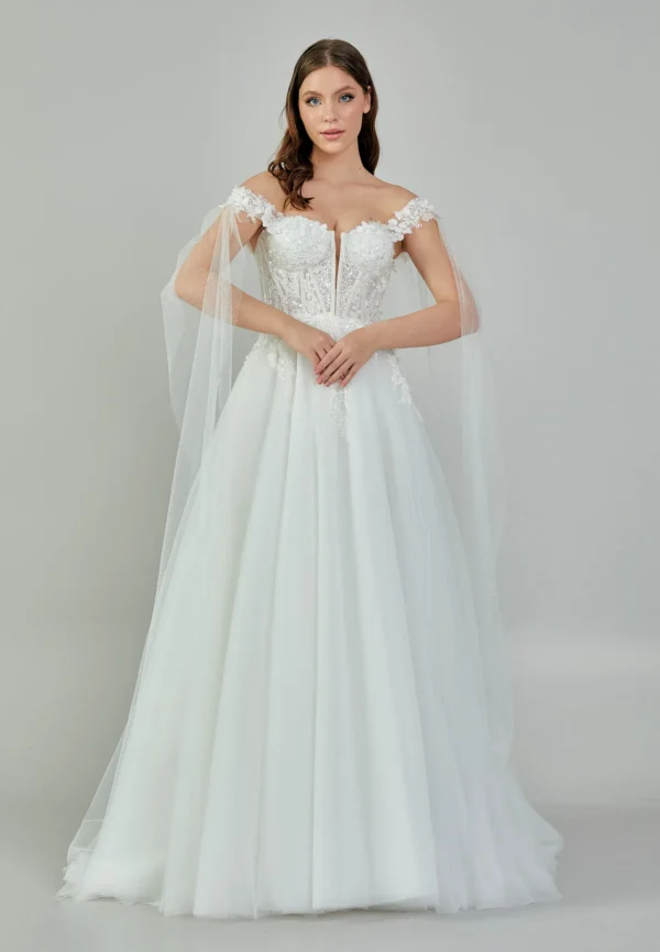 Artemis – Off-Shoulder Floral Lace Wedding Gown with Tulle Cape