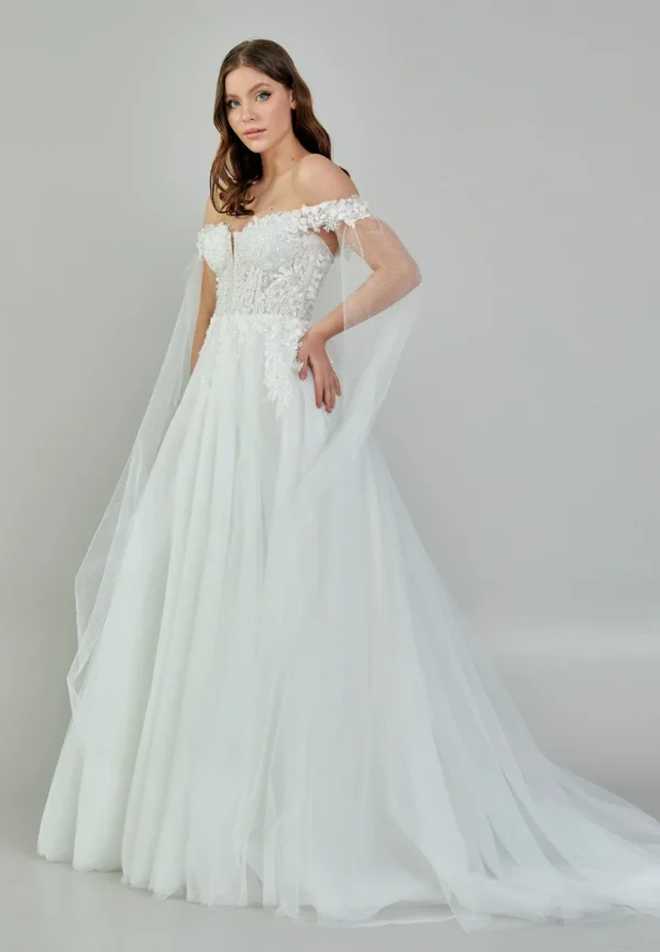 Artemis – Off-Shoulder Floral Lace Wedding Gown with Tulle Cape - Size Look