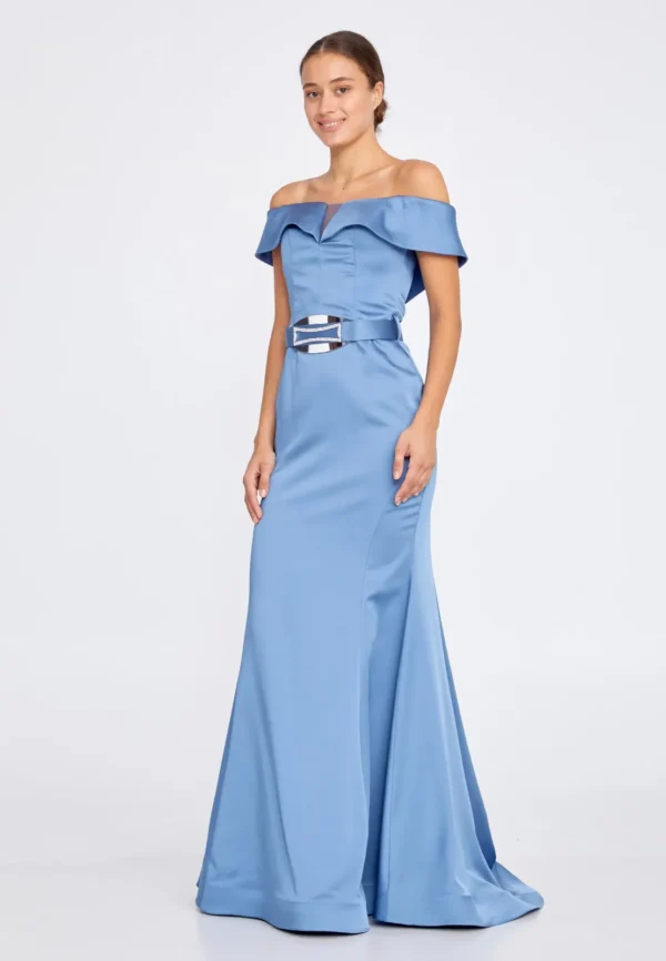 Asal – Off-Shoulder Satin Evening Gown with Statement Belt