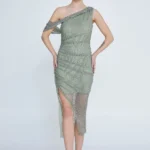 Ava One-Shoulder Beaded Asymmetrical Cocktail Dress in Sage Green