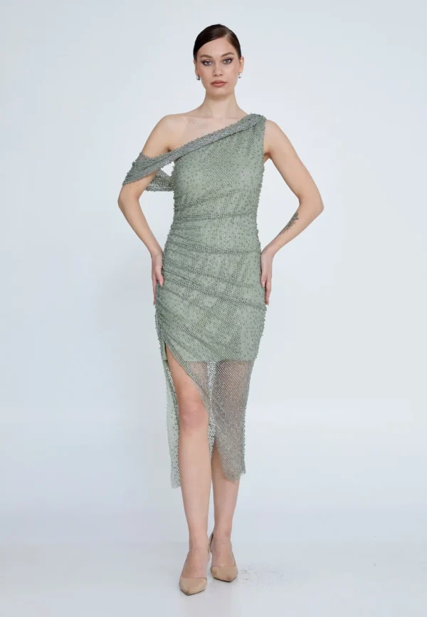 Ava One-Shoulder Beaded Asymmetrical Cocktail Dress in Sage Green