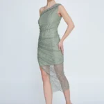 Ava – One-Shoulder Beaded Asymmetrical Cocktail Dress Sage Green Side Look