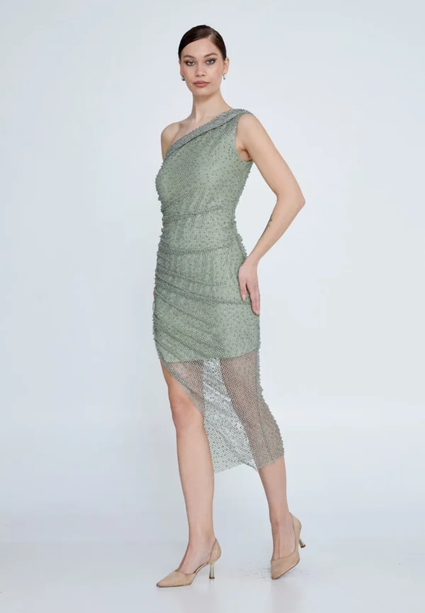 Ava – One-Shoulder Beaded Asymmetrical Cocktail Dress Sage Green Side Look