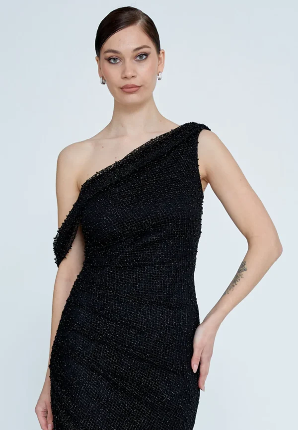 Ava – One-Shoulder Beaded Asymmetrical Cocktail Dress in Black