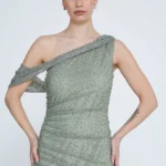 Ava – One-Shoulder Beaded Asymmetrical Cocktail Dress in Sage Green