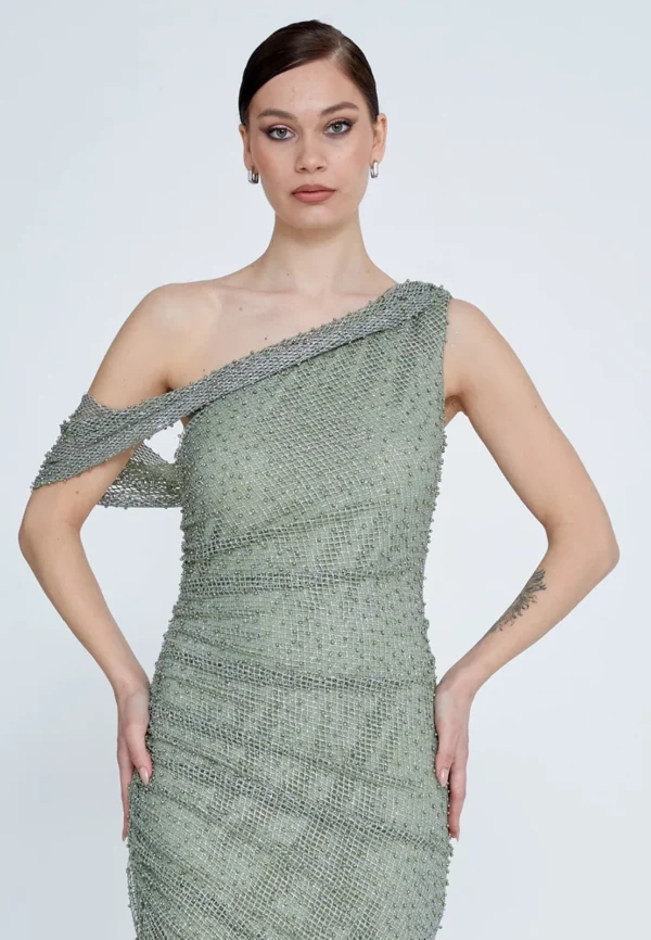 Ava – One-Shoulder Beaded Asymmetrical Cocktail Dress in Sage Green