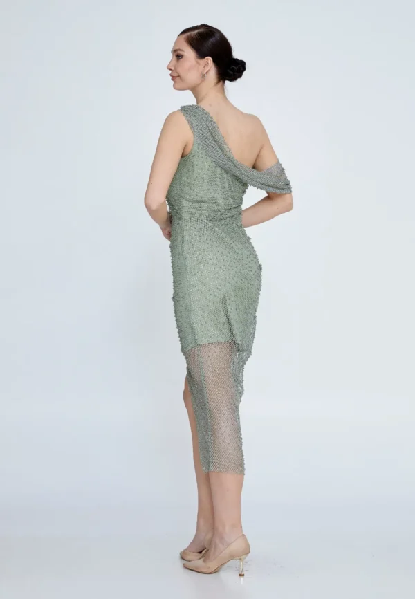 Ava – One-Shoulder Beaded Asymmetrical Cocktail Dress in Sage Green Back look