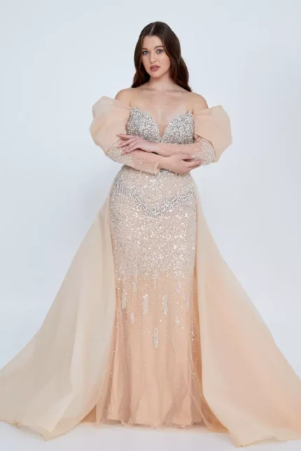 Azaam – Off-Shoulder Glittering Gown with Dramatic Train