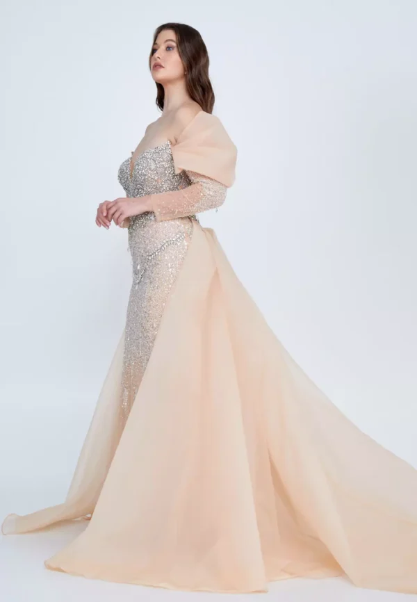 Azaam – Off-Shoulder Glittering Gown with Dramatic Train - Side Look