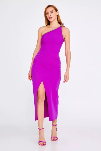 Banu One-Shoulder Vibrant Midi Dress with Side Slit