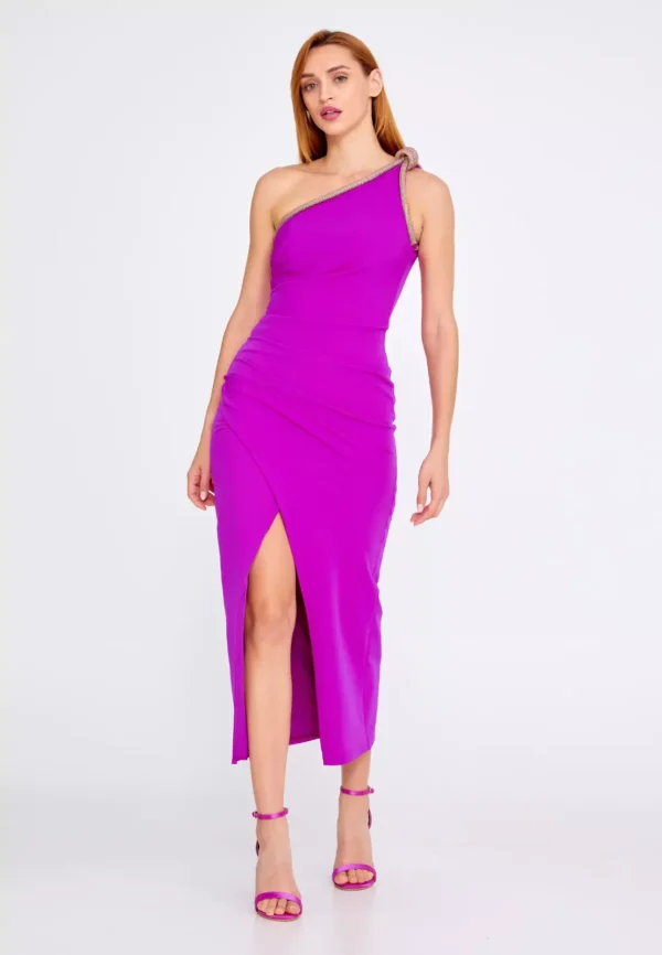 Banu One-Shoulder Vibrant Midi Dress with Side Slit