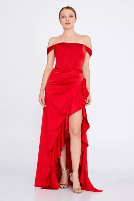 Bonita Off-Shoulder Ruffled Gown with High-Low Hem