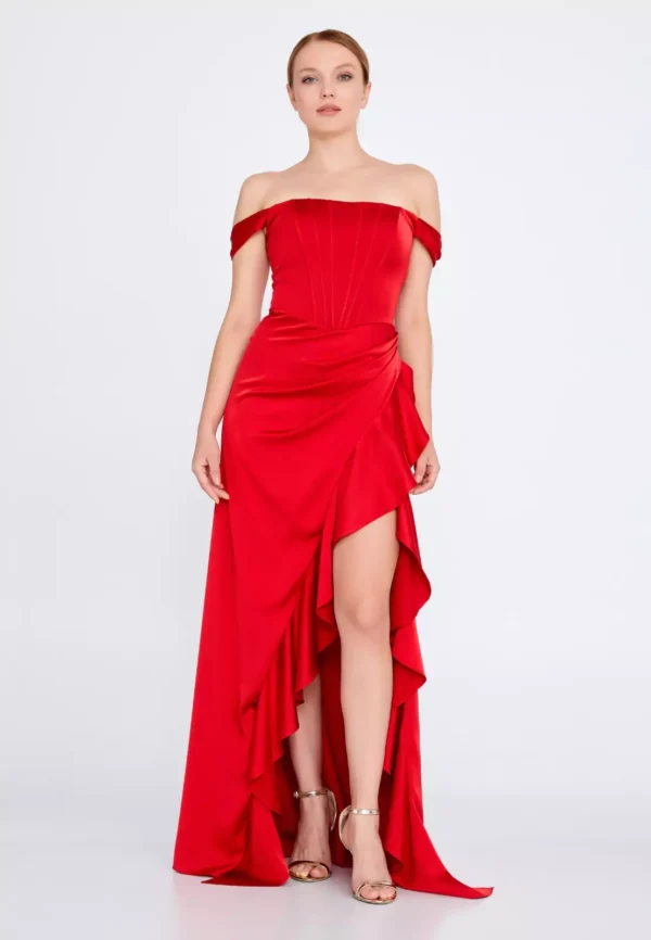 Bonita Off-Shoulder Ruffled Gown with High-Low Hem