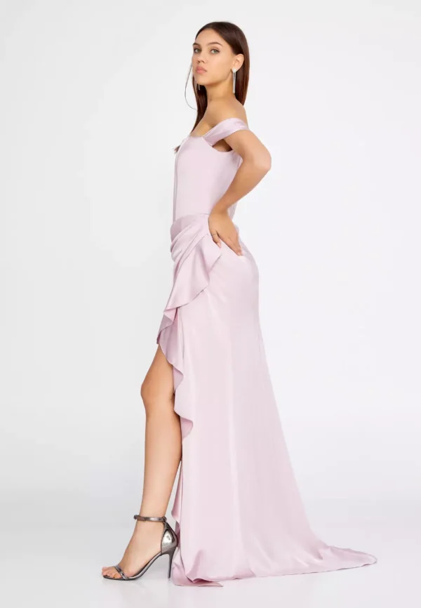Bonita – Off-Shoulder Ruffled Gown with High-Low Hem - Pink Side Look