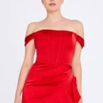 Bonita – Off-Shoulder Ruffled Gown with High-Low Hem - Red