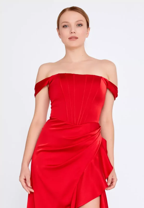 Bonita – Off-Shoulder Ruffled Gown with High-Low Hem - Red