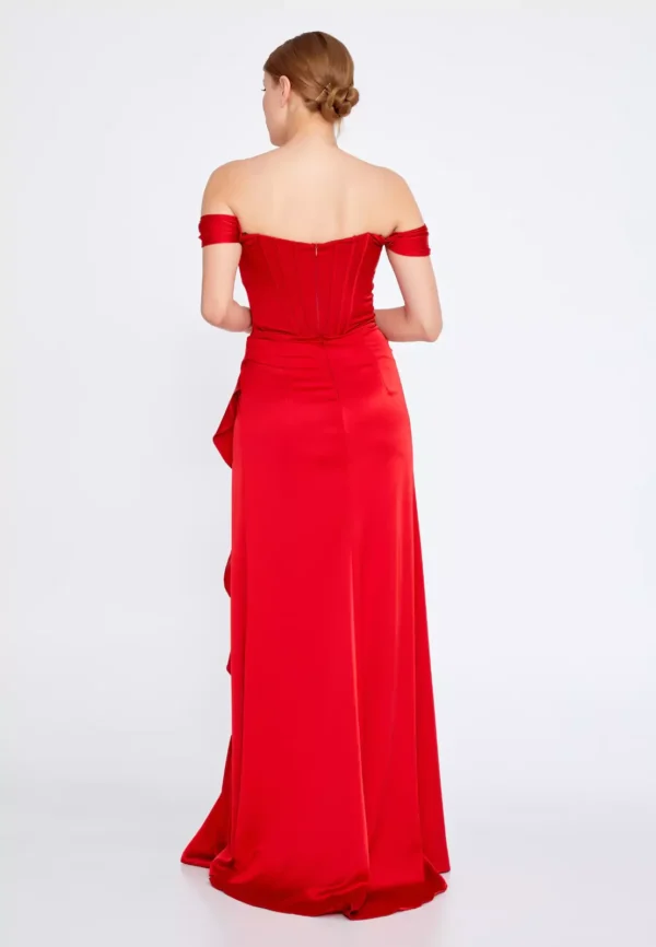 Bonita – Off-Shoulder Ruffled Gown with High-Low Hem - Red Back Look