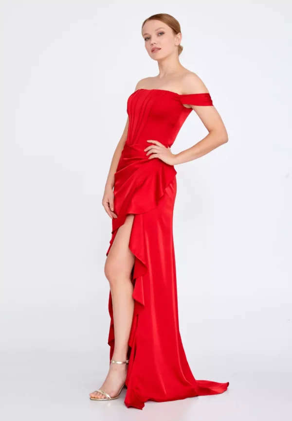 Bonita – Off-Shoulder Ruffled Gown with High-Low Hem - Red Side Look