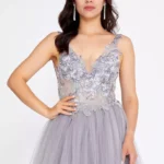 Bonnie Embellished Tulle Gown with Floral Appliqué and Plunging Back