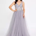 Bonnie – Embellished Tulle Gown with Floral Appliqué and Plunging Back