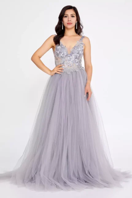 Bonnie – Embellished Tulle Gown with Floral Appliqué and Plunging Back