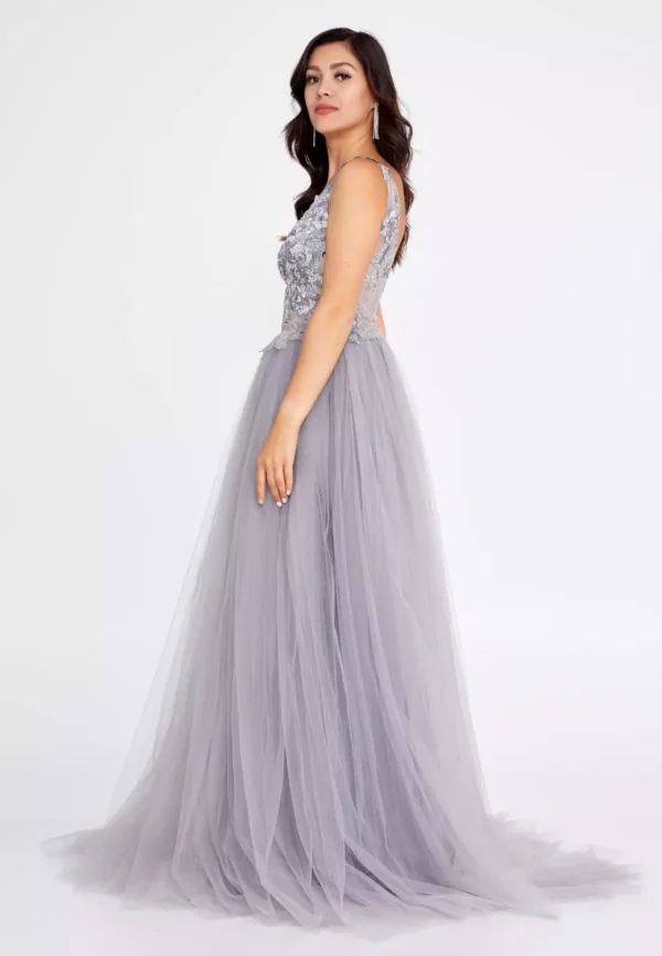 Bonnie – Embellished Tulle Gown with Floral Appliqué and Plunging Back - Side Look