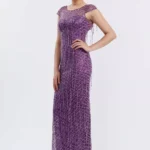 Jade – Elegant Beaded Cap Sleeve Evening Gown - Side Look