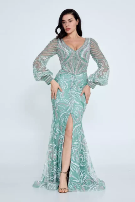 Leyla – Elegant Embellished Evening Gown with Sheer Sleeves