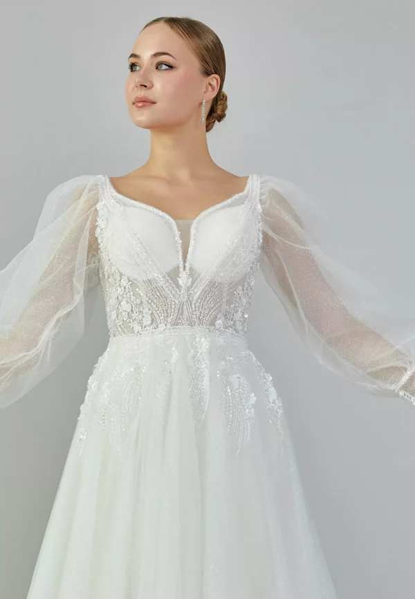 Luna Elegant Bridal Gown with Sheer Sleeves and Glittering Tulle